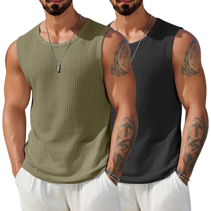 HOTCOOFANDY Mens Casual Tank Tops 2 Pack Waffle Knit Sleeveless Shirt Breathable Tank Shirts Summer Muscle Tee