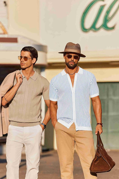 HOTCOOFANDY Mens Knit Button Down Shirts Short Sleeve Polo Shirt Vintage Striped Casual Shirts
