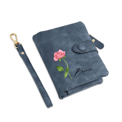 HOTMother’s Day Gift for Mom - Personalized Women's Wallet with Custom Name & Floral Initial - Soft Suede RFID Blocking Wallet Zipper Pocket (Grey)