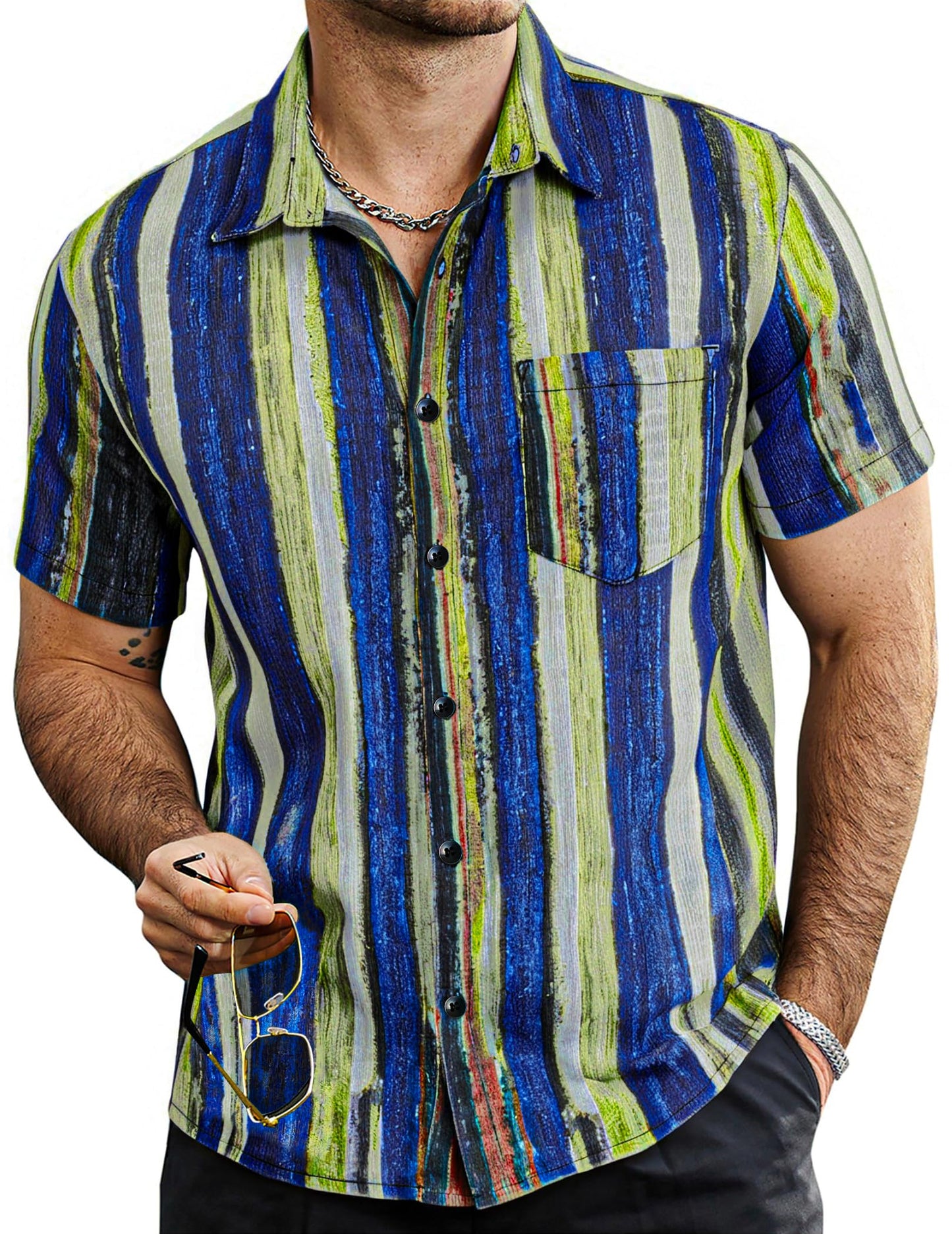 HOTVATPAVE Mens Summer Striped Shirts Button Down Short Sleeve Vintage Beach Hawaiian Shirts with Pocket