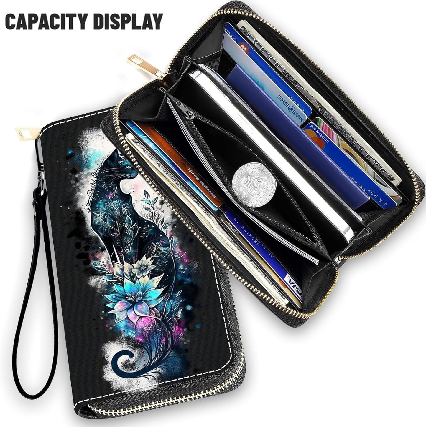 HOTWallet,Large Capacity RFID Blocking Leather Wallet, Durable Smooth Zipper Clutch,Unisex Travel Wallet for Cards,Cash,and Coins - Black Cat and Flowers