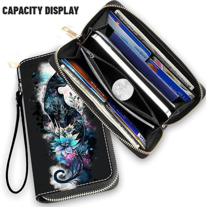 HOTWallet,Large Capacity RFID Blocking Leather Wallet, Durable Smooth Zipper Clutch,Unisex Travel Wallet for Cards,Cash,and Coins - Black Cat and Flowers