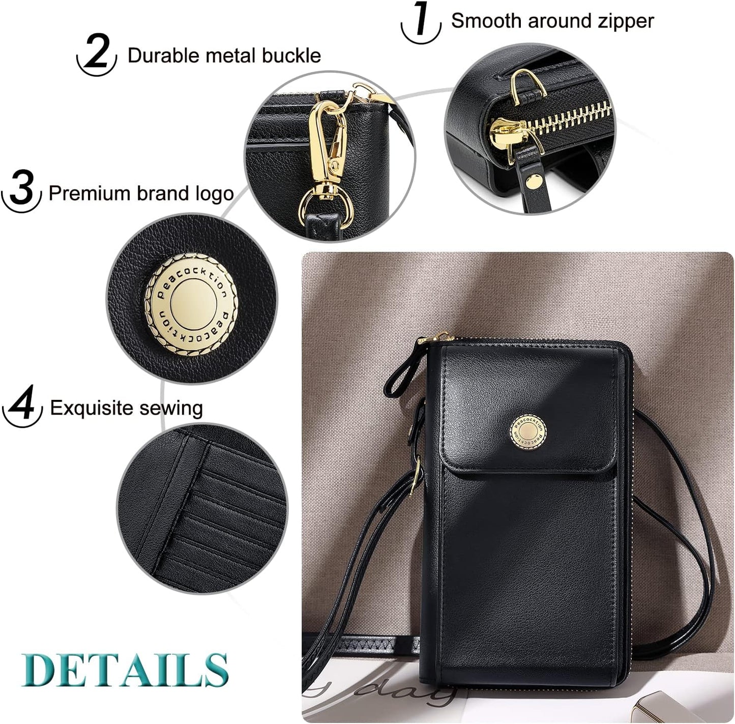 HOTPeacocktion RFID Crossbody Wallet Women Small Travel Leather Cell Phone Wallet Purse Zipper Crossbody Bag