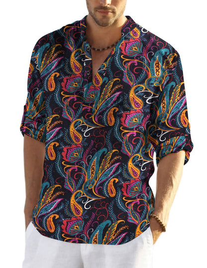 HOTCOOFANDY Men's Cotton Linen Henley T-Shirt Long Sleeve Hippie Casual Beach T-Shirts