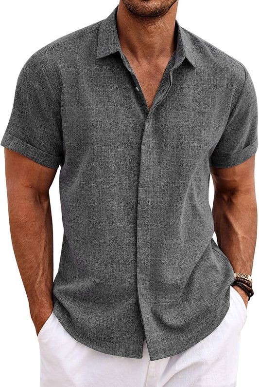 HOTCOOFANDY Men's Linen Shirts Short Sleeve Casual Shirts Button Down Shirt for Men Beach Summer Wedding Shirt