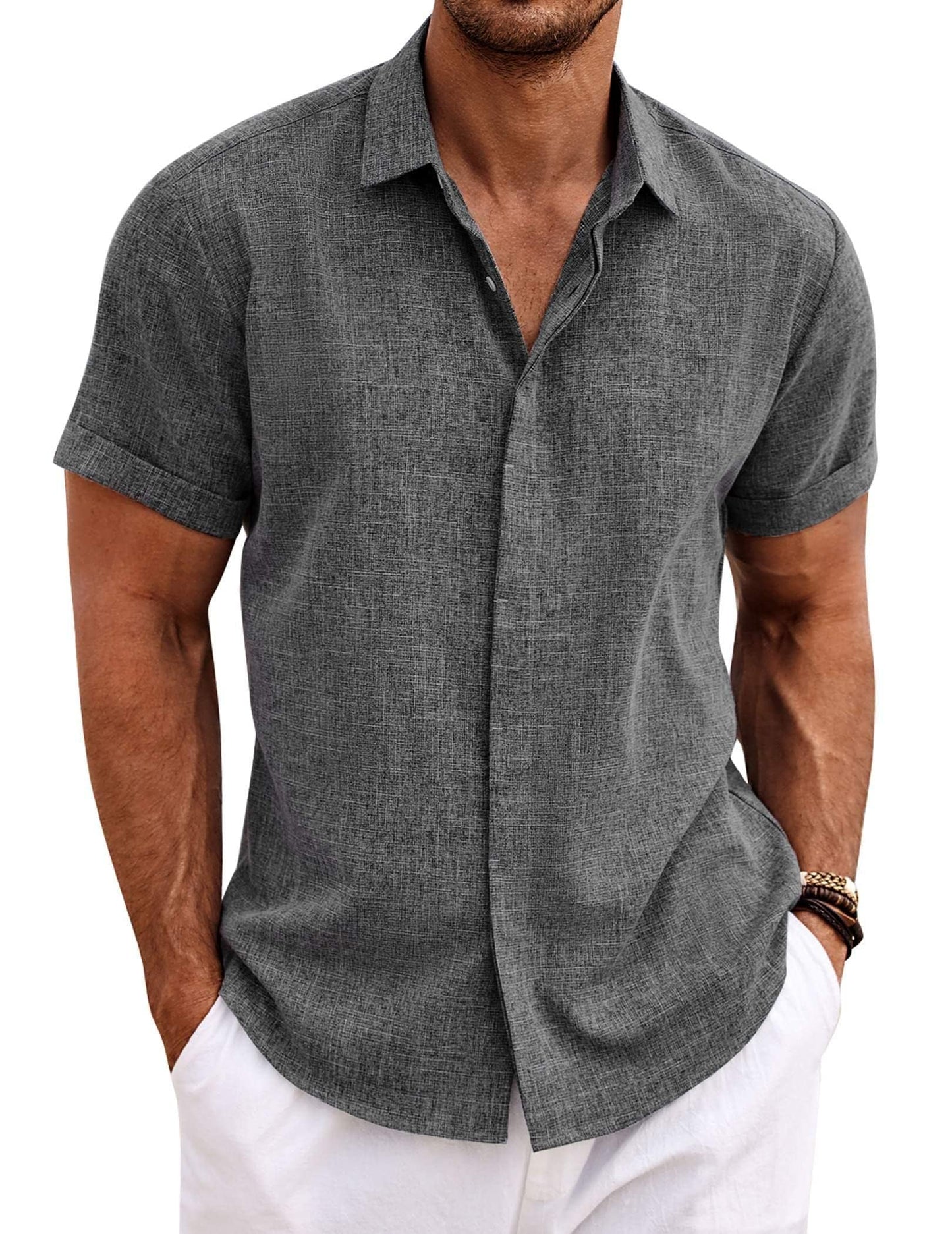 HOTCOOFANDY Men's Linen Shirts Short Sleeve Casual Shirts Button Down Shirt for Men Beach Summer Wedding Shirt