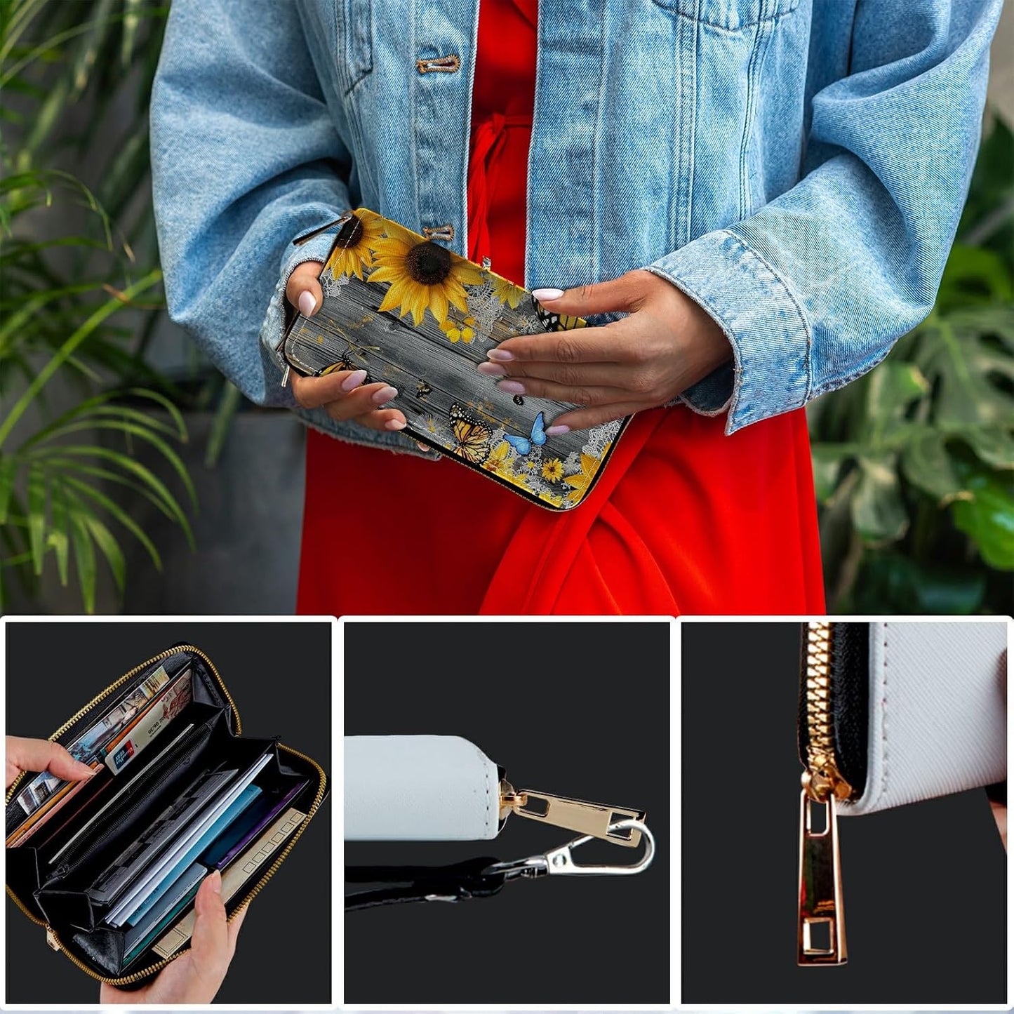 HOTWomens Wristlet Wallet RFID Blocking Large Capacity Zip Around Long Purse PU Leather Credit Card Holder with Detachable Hand Strap for Phone Cash,Sunflowers And Butterflies