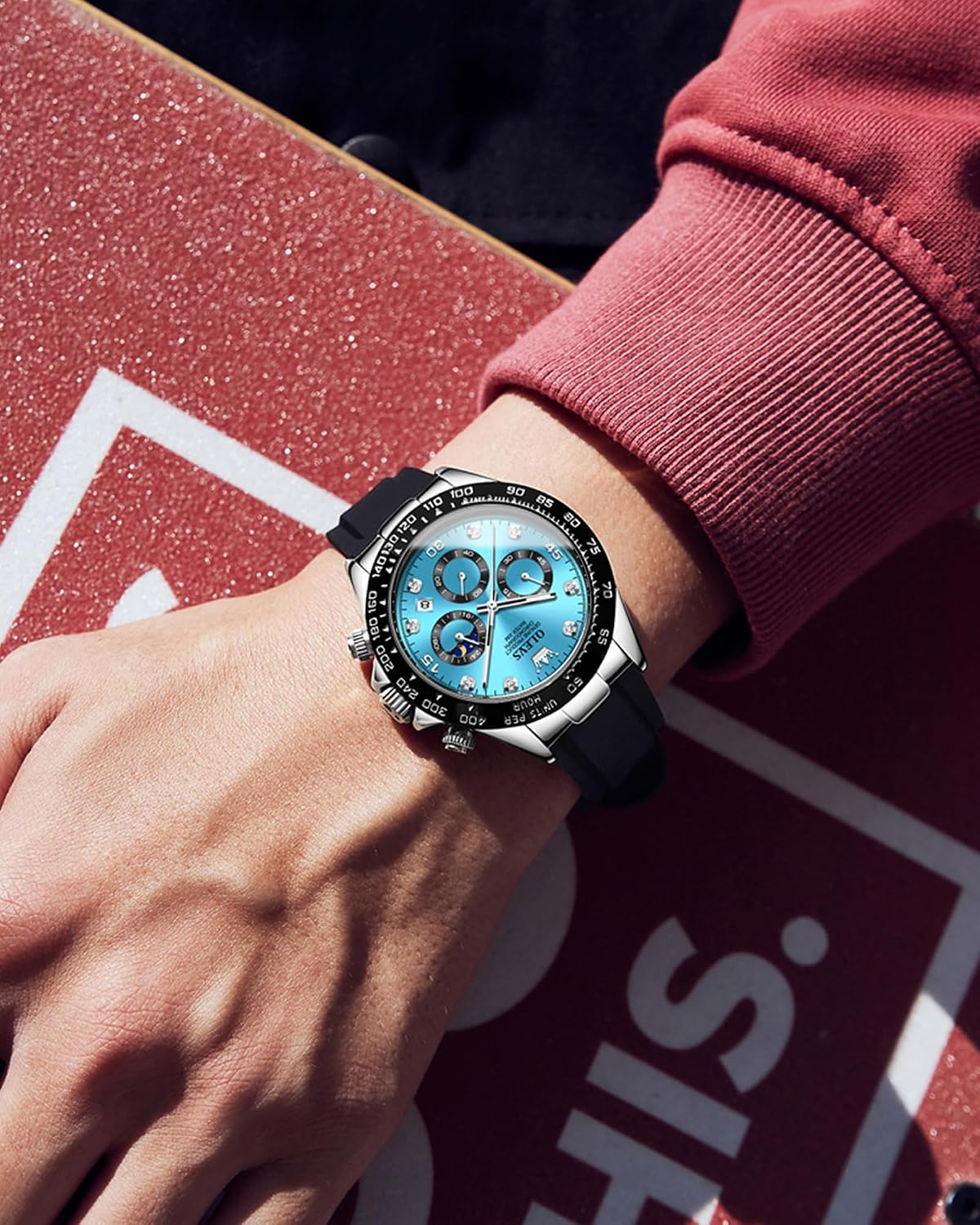 HOTOLEVS Men Analog Quartz Waterproof Watches Multifunction Chronograph Diamond Moon Phase Luminous Silicone Band Wrist Watches