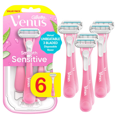 HOTGillette Venus Sensitive Disposable Razors for Women with Sensitive Skin, 6 Count, Delivers Close Shave with Comfort
