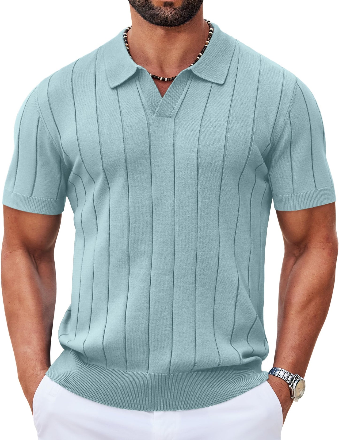 HOTCOOFANDY Mens Polo Shirts Short Sleeve V Neck Knit Shirts for Men Casual Old Money Clothes Mens Golf Shirt
