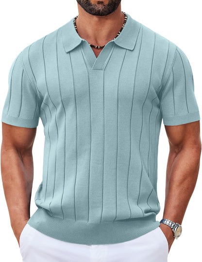 HOTCOOFANDY Mens Polo Shirts Short Sleeve V Neck Knit Shirts for Men Casual Old Money Clothes Mens Golf Shirt