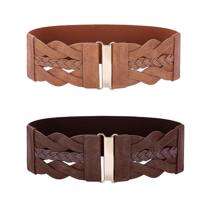 HOTGRACE KARIN Wide Belts for Women Elastic Waist Belt | 3 inch wide stretchy waistband, Woven design, Golden buckle, For dresses skirt, Vintage casual boho western style