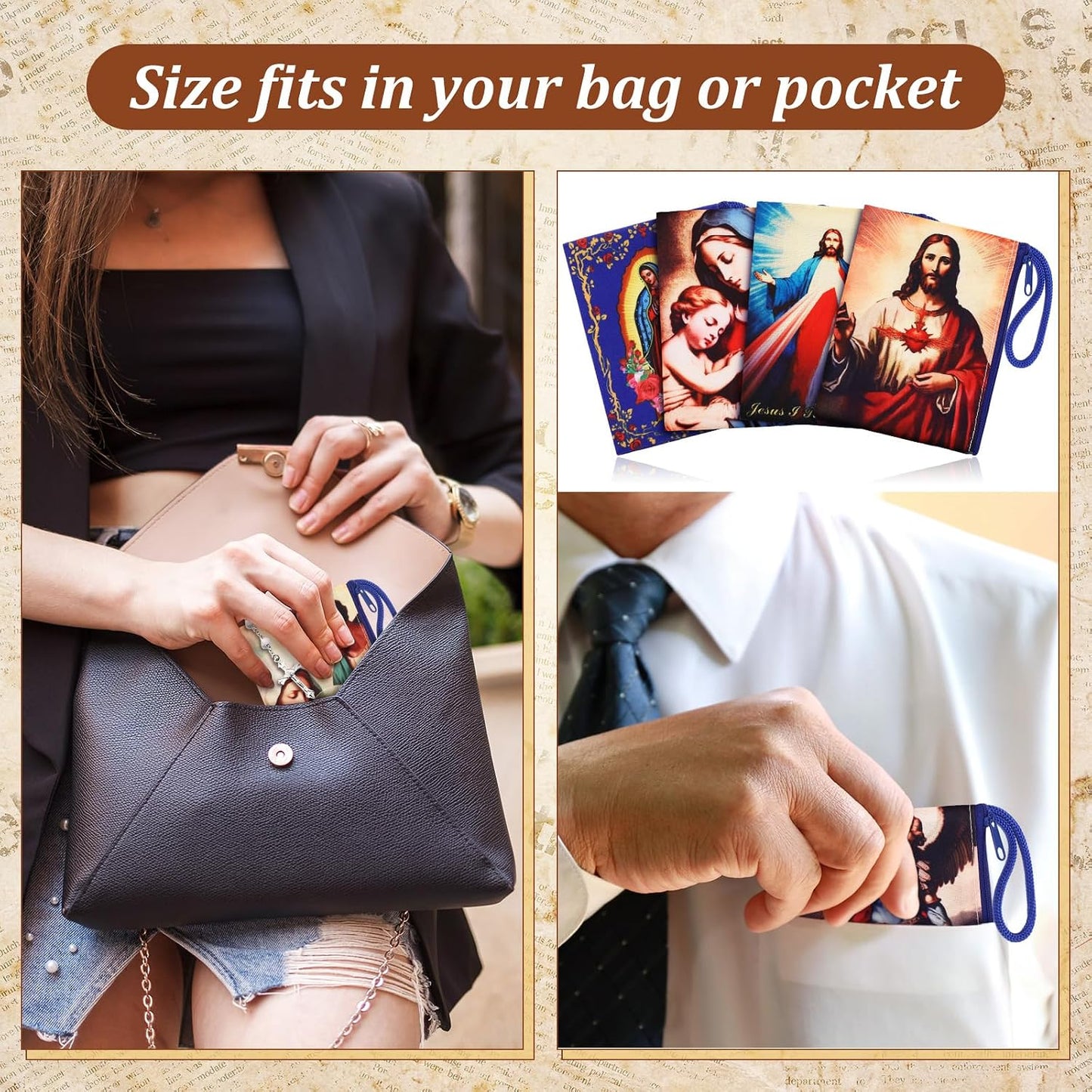 HOTRemuuly 12 Sets Catholic Rosary Pouch with Wood Catholic Rope Rosary 4.9'' x 3.5'' Coin Purse Holder Bag with Zipper for Prayer Storage Small Religious Keepsake Gift First Communion Baptism Gift
