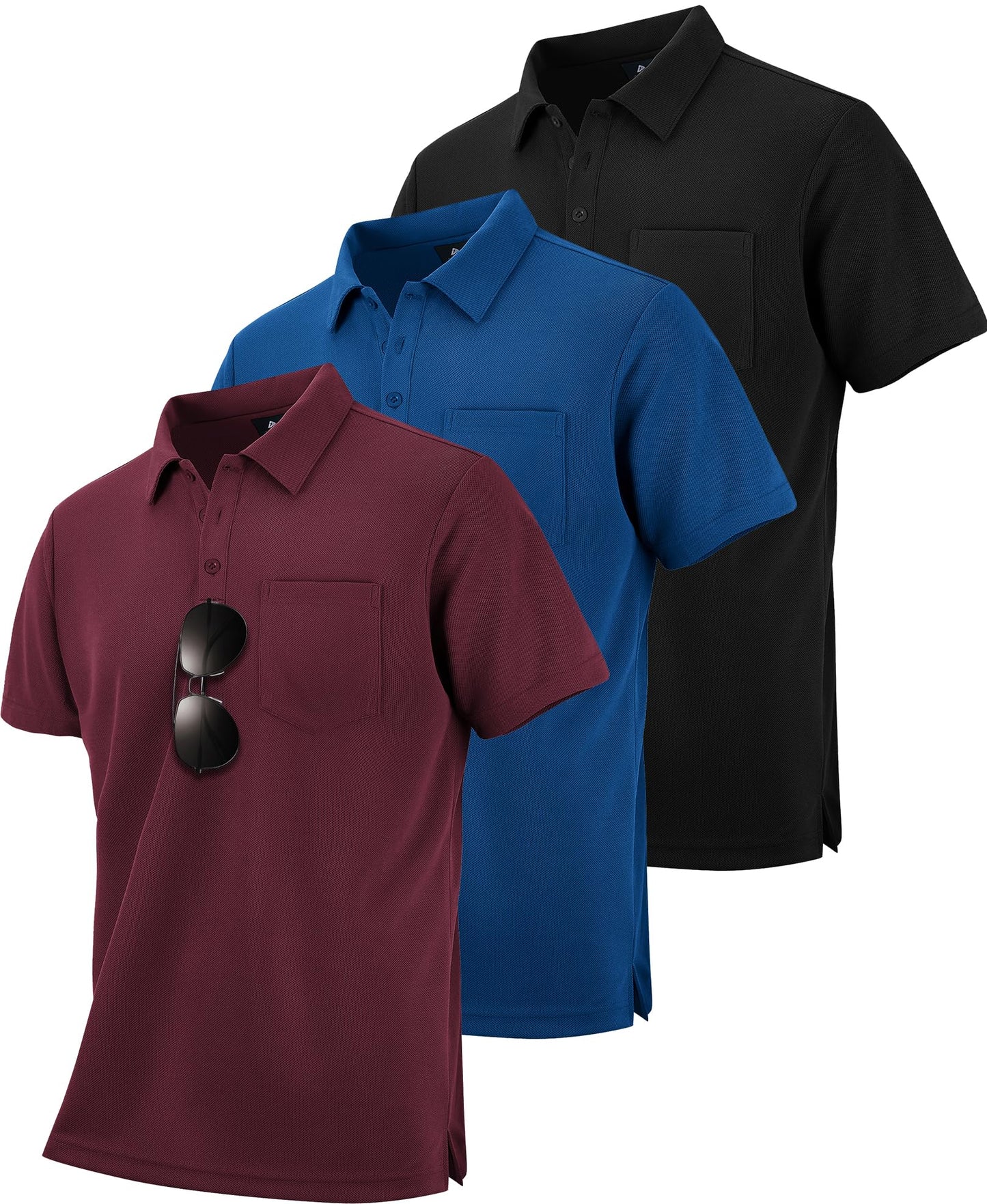 HOTZITY Men's 3 Pack Polo Shirts Short Sleeve with Pocket Moisture Wicking Casual Work Golf Lightweight Collared T-Shirts