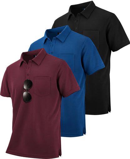 HOTZITY Men's 3 Pack Polo Shirts Short Sleeve with Pocket Moisture Wicking Casual Work Golf Lightweight Collared T-Shirts