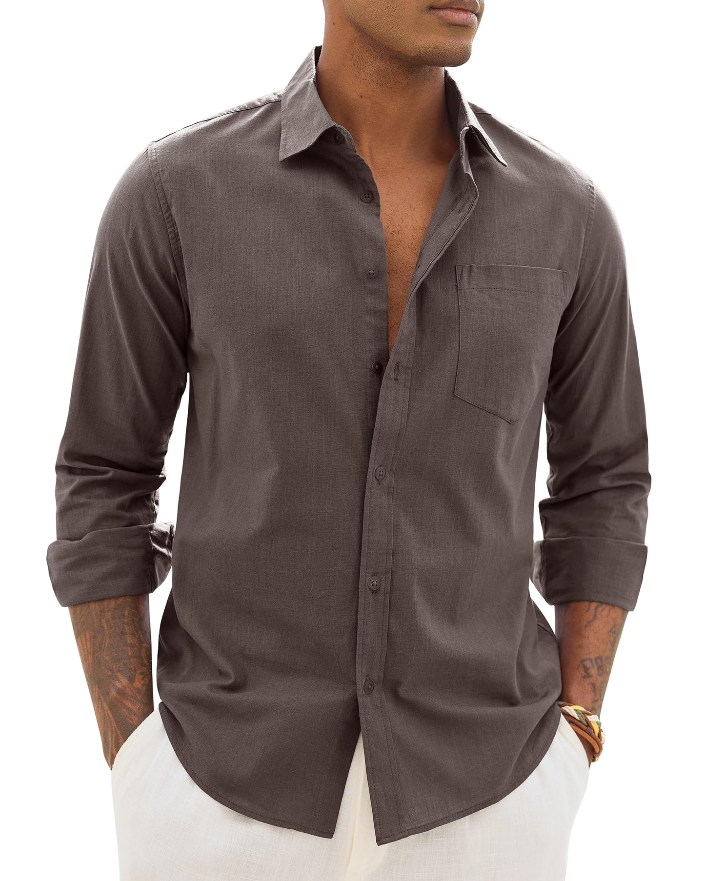 HOTAlimens & Gentle Mens Cotton Linen Textured Shirt Long Sleeve Button Down Shirts Casual Summer Beach Wedding Tops with Pocket