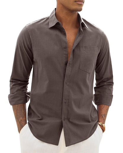 HOTAlimens & Gentle Mens Cotton Linen Textured Shirt Long Sleeve Button Down Shirts Casual Summer Beach Wedding Tops with Pocket