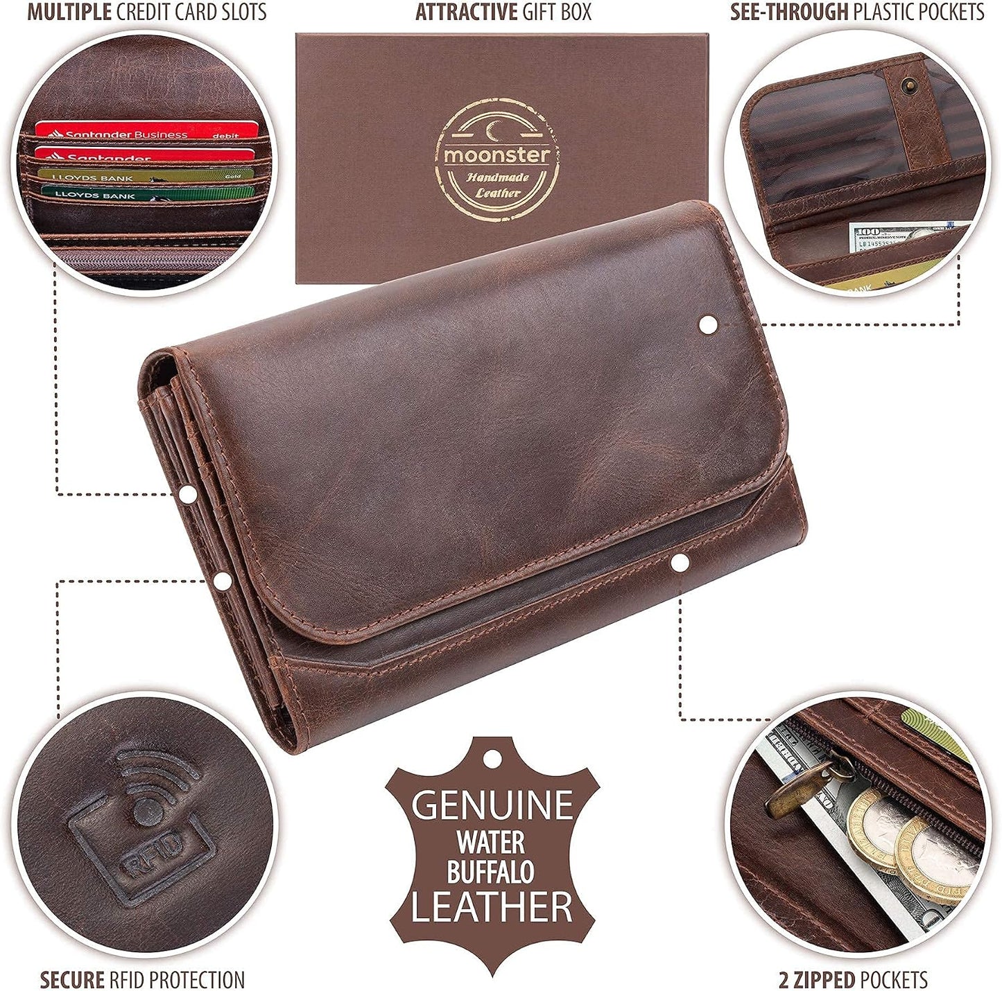 HOTmoonster Leather Wallet for Women – Full-Grain Buffalo Leather RFID Wallet, 9 Card Slots, 2 Zips, 3 Open Pockets – Womens Leather Wallets, Card Wallet for Women, Zip Around Wallet, Gift Box Set