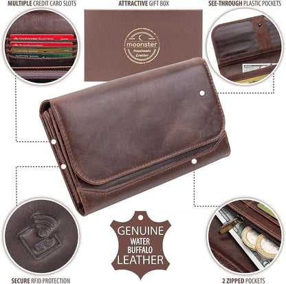 HOTmoonster Leather Wallet for Women – Full-Grain Buffalo Leather RFID Wallet, 9 Card Slots, 2 Zips, 3 Open Pockets – Womens Leather Wallets, Card Wallet for Women, Zip Around Wallet, Gift Box Set