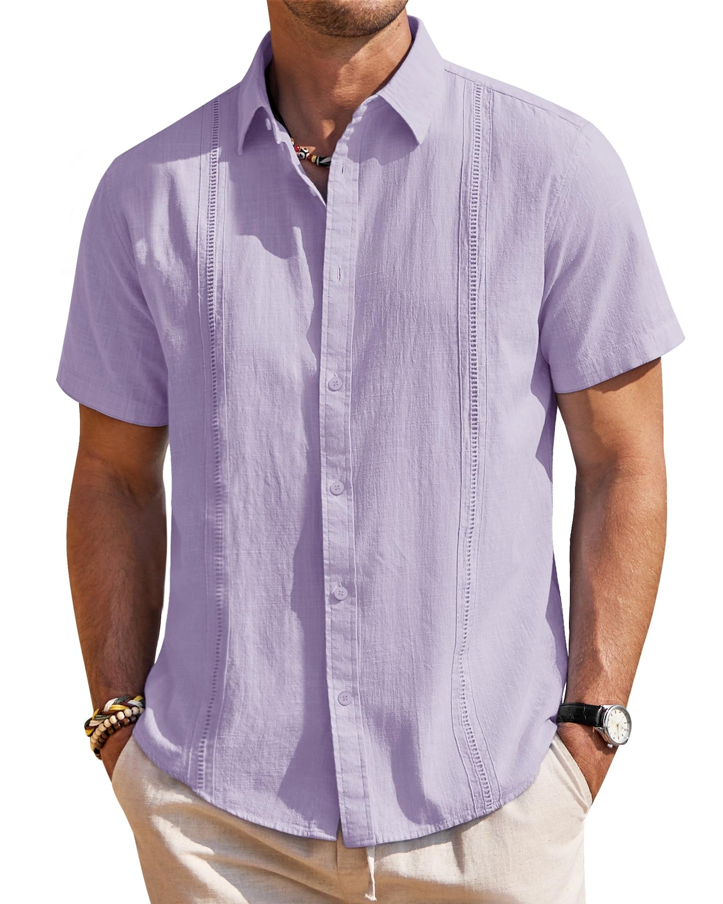 HOTMens Linen Textured Shirt Short Sleeve Button Down Cuban Guayabera Shirt | 100% Cotton, Casual Wear, Lightweight Breathable, Summer Beach, Untucked, Relaxed Fit, Vacation, Cruise, Camp, Collared