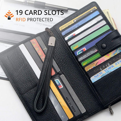 HOTBveyzi Women's Big Fat Rfid Leather Wristlet Wallet Organizer Large Phone Checkbook Holder with Zipper Pocket (Black)