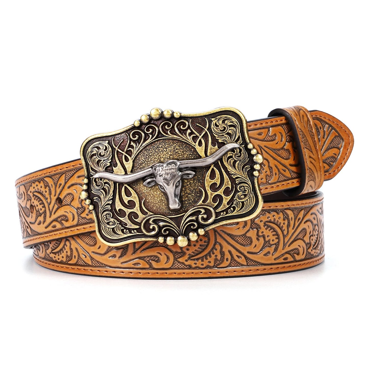 HOTCowboy Cowgirl Belt Western Belts for Men Women Floral Engraved Longhorn Bull Buckle Belt for Jeans