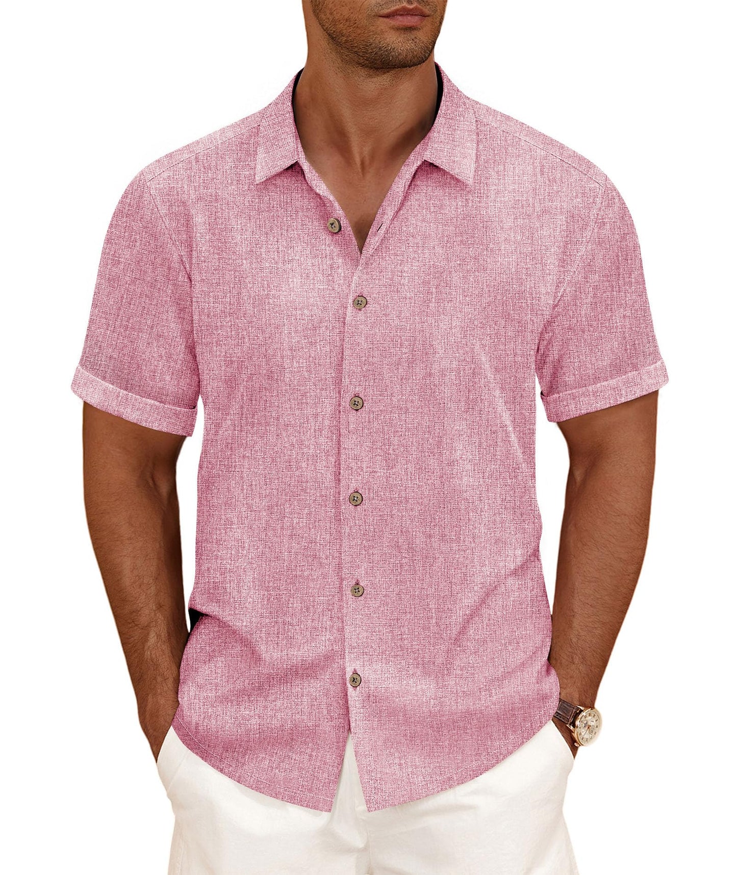 HOTCURBODO Linen Blend Shirts for Men Casual Short Sleeve Button Down Shirt Cool Summer Beach Wedding Vacation Tops