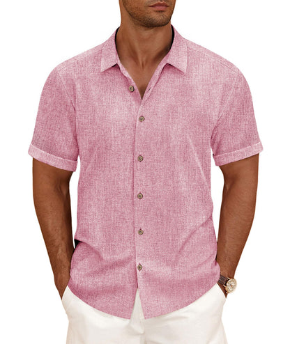HOTCURBODO Linen Blend Shirts for Men Casual Short Sleeve Button Down Shirt Cool Summer Beach Wedding Vacation Tops