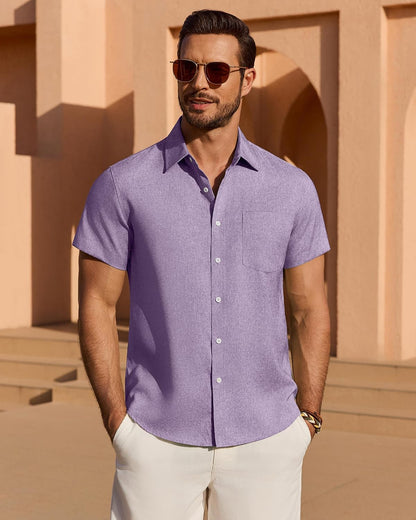 HOTMens Linen Shirt Short Sleeve Wrinkle Free Casual Untucked Button Down Shirts Beach Breathable Tops Summer