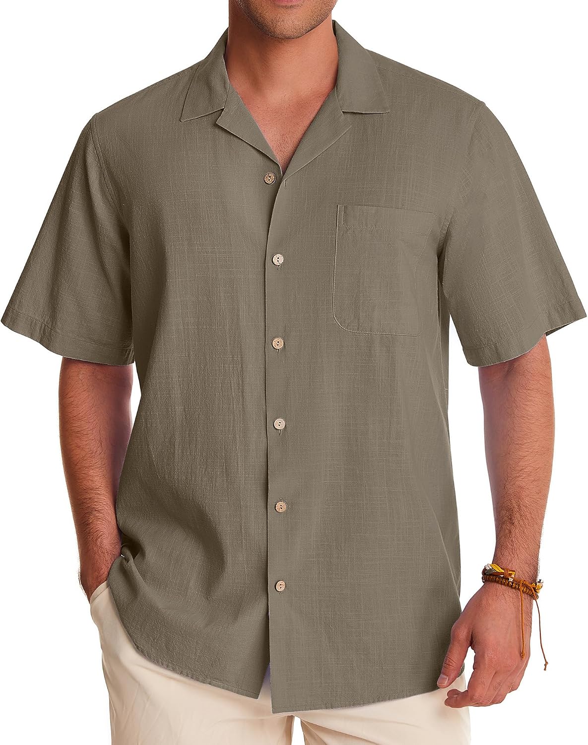 HOTAlimens & Gentle Mens Linen Shirts Cotton Hawaiian Shirts Short Sleeve Button Down Shirts Casual Summer Beach Tops
