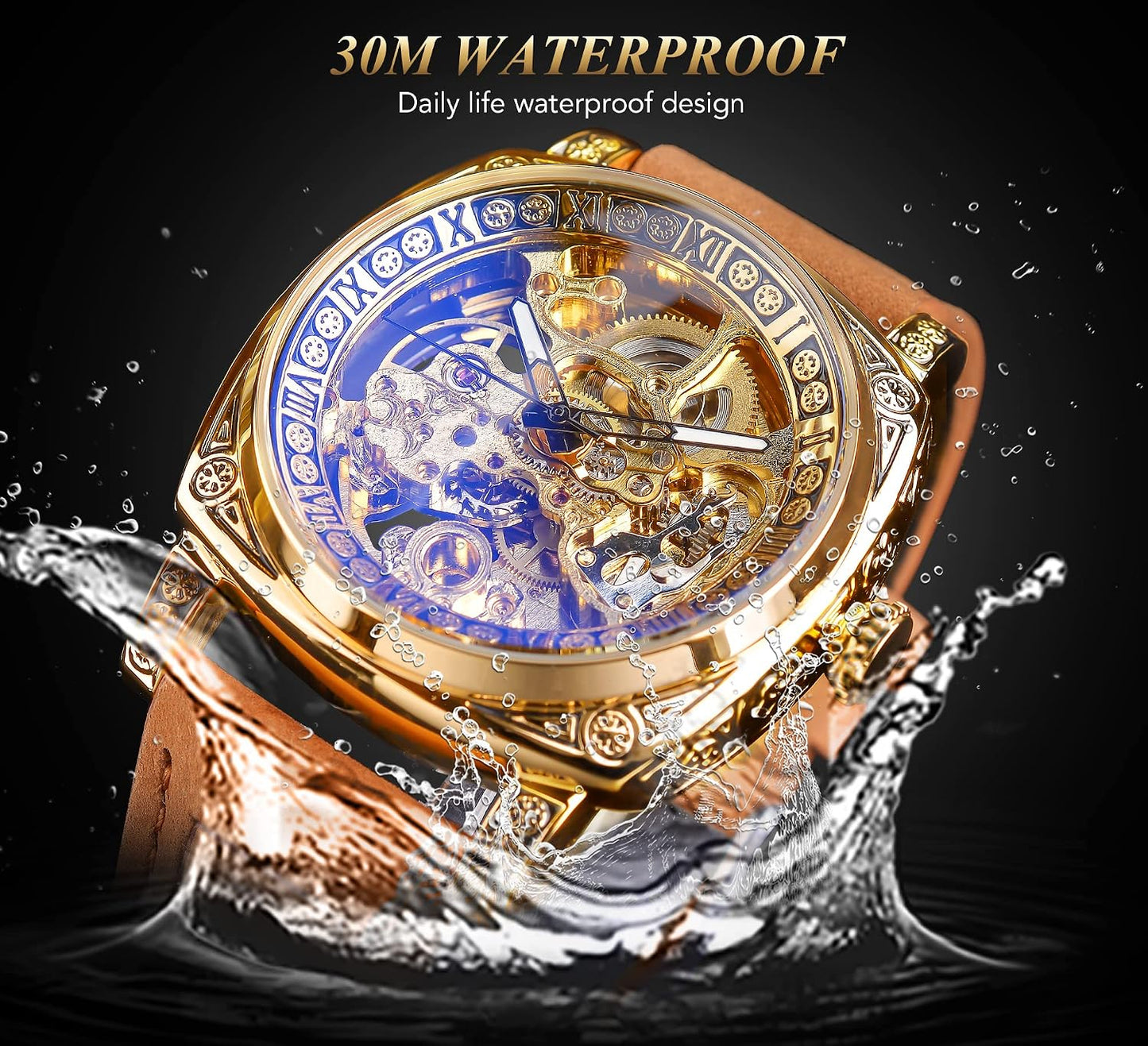 HOTFORSINING Watches for Man, Square Retro Mechanical Watch Self-Wind Carved, Skeleton Automatic Watches Vintage Leather Strap Wristwatch