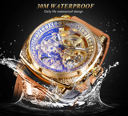 HOTFORSINING Watches for Man, Square Retro Mechanical Watch Self-Wind Carved, Skeleton Automatic Watches Vintage Leather Strap Wristwatch