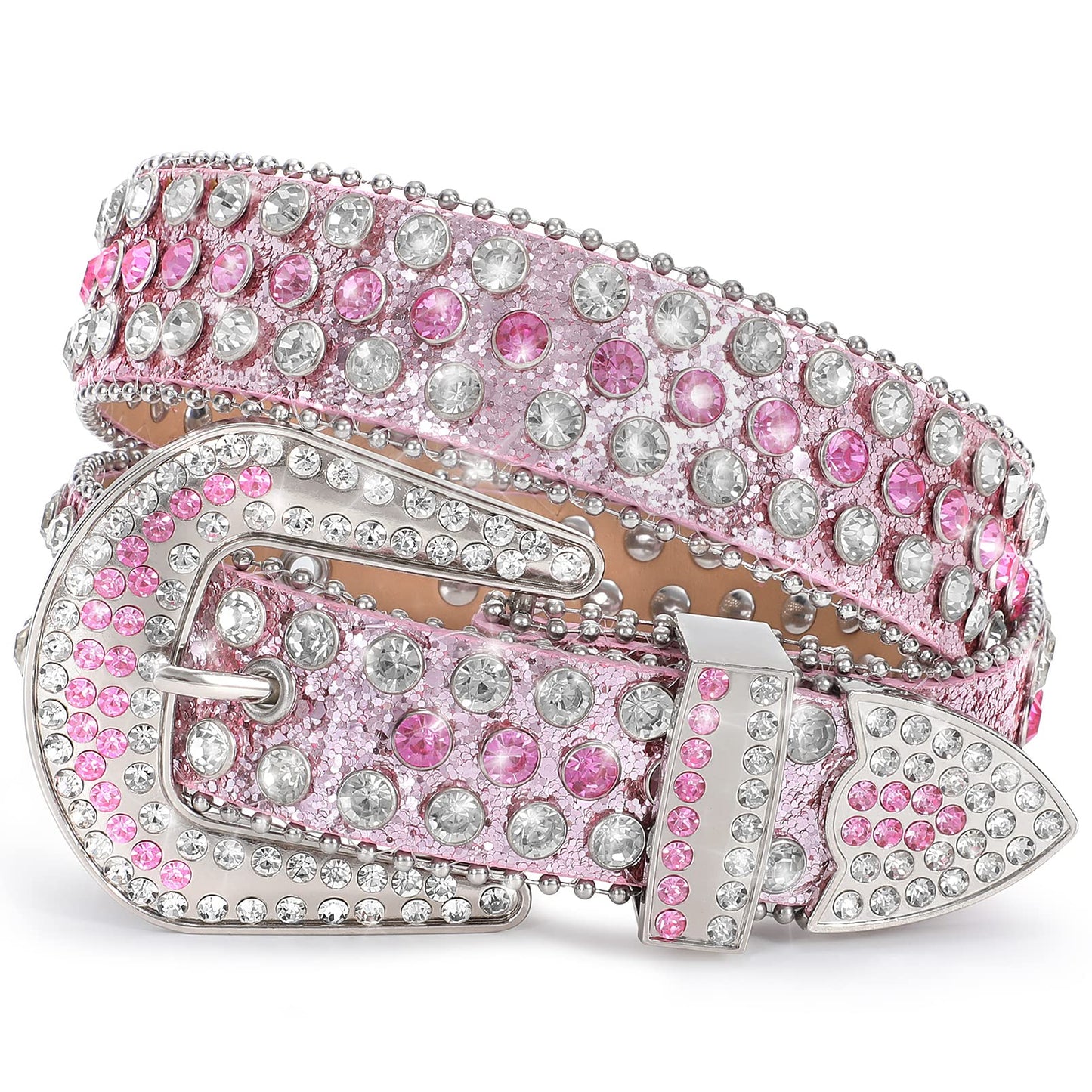 HOTXZQTIVE Cowgirl Bling Studded Leather Belts for Jeans Pants with Rhinestone and Western Silver Buckle, Unisex