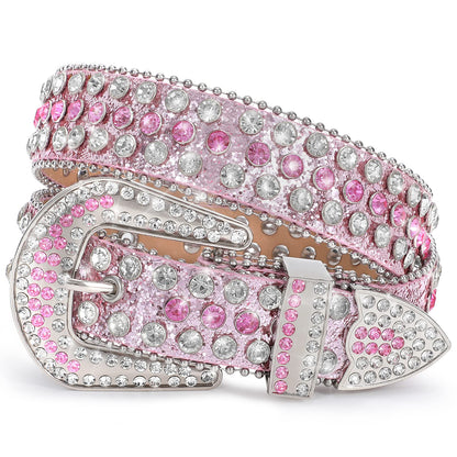 HOTXZQTIVE Cowgirl Bling Studded Leather Belts for Jeans Pants with Rhinestone and Western Silver Buckle, Unisex