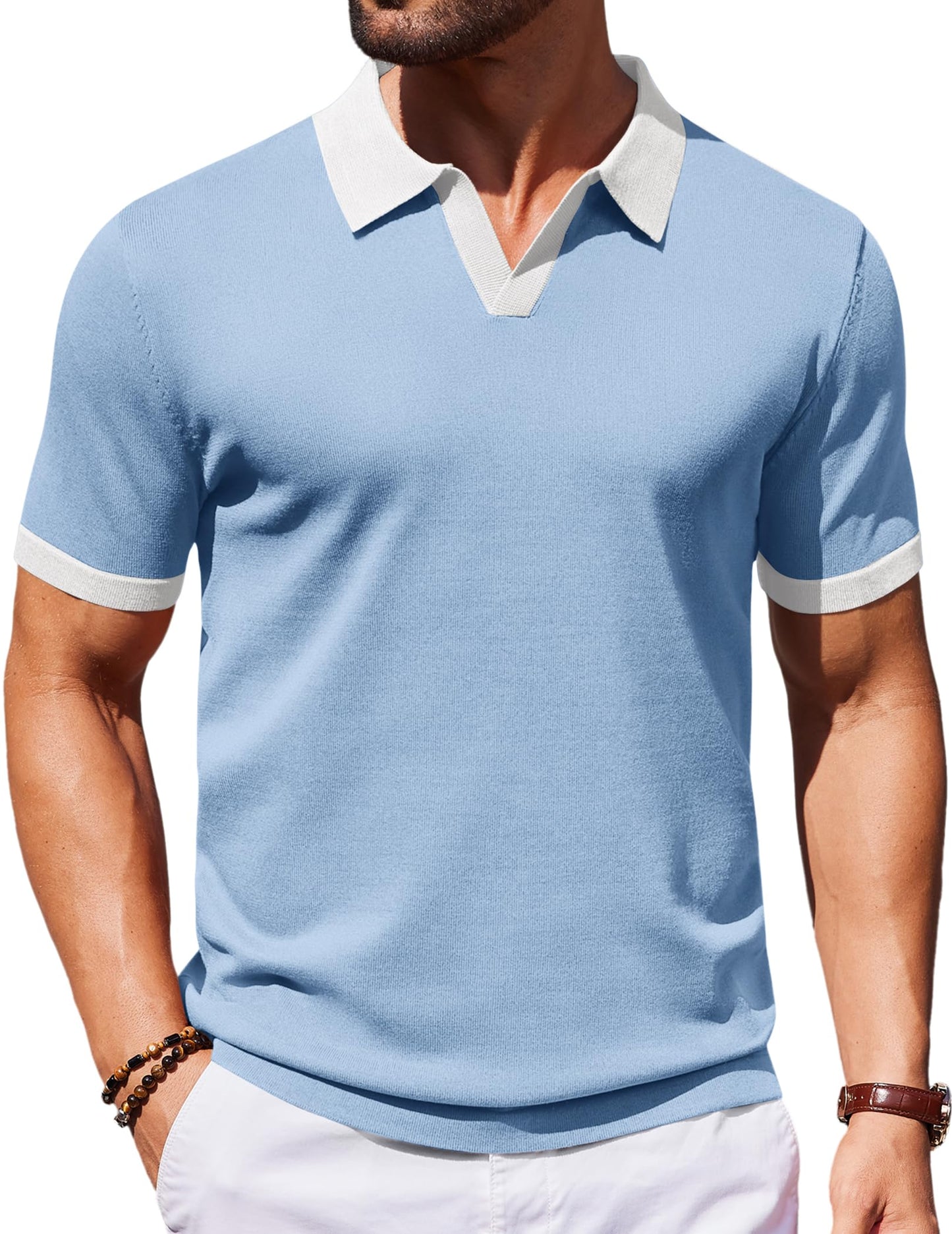 HOTCOOFANDY Men's V Neck Short Sleeve Stretch Knit Polo Shirt
