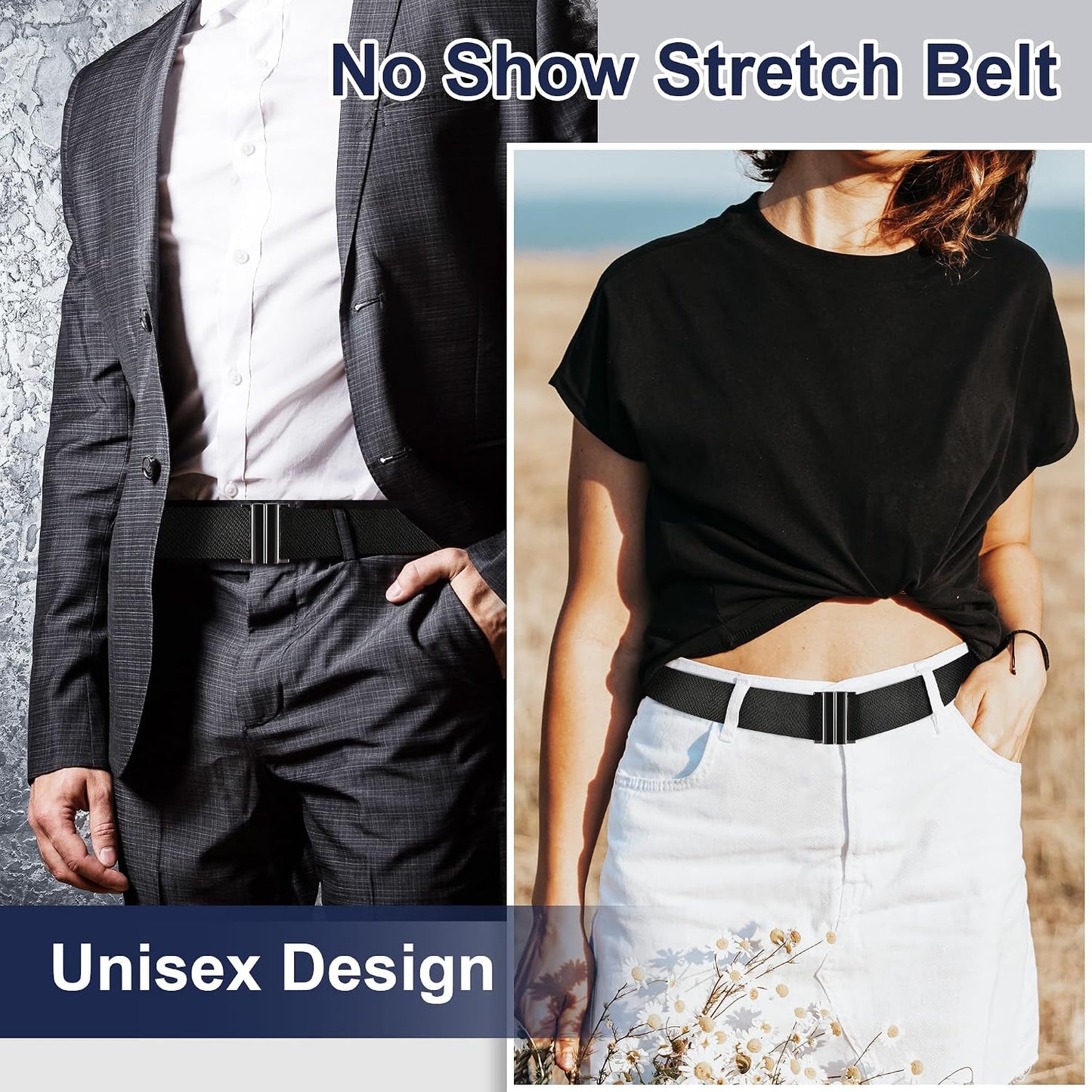 HOTTOURZOO No Show Invisible Belt for Women/Men Elastic Web Strap Waist Stretch Belt with Flat Buckle for Jeans Pants Dresses