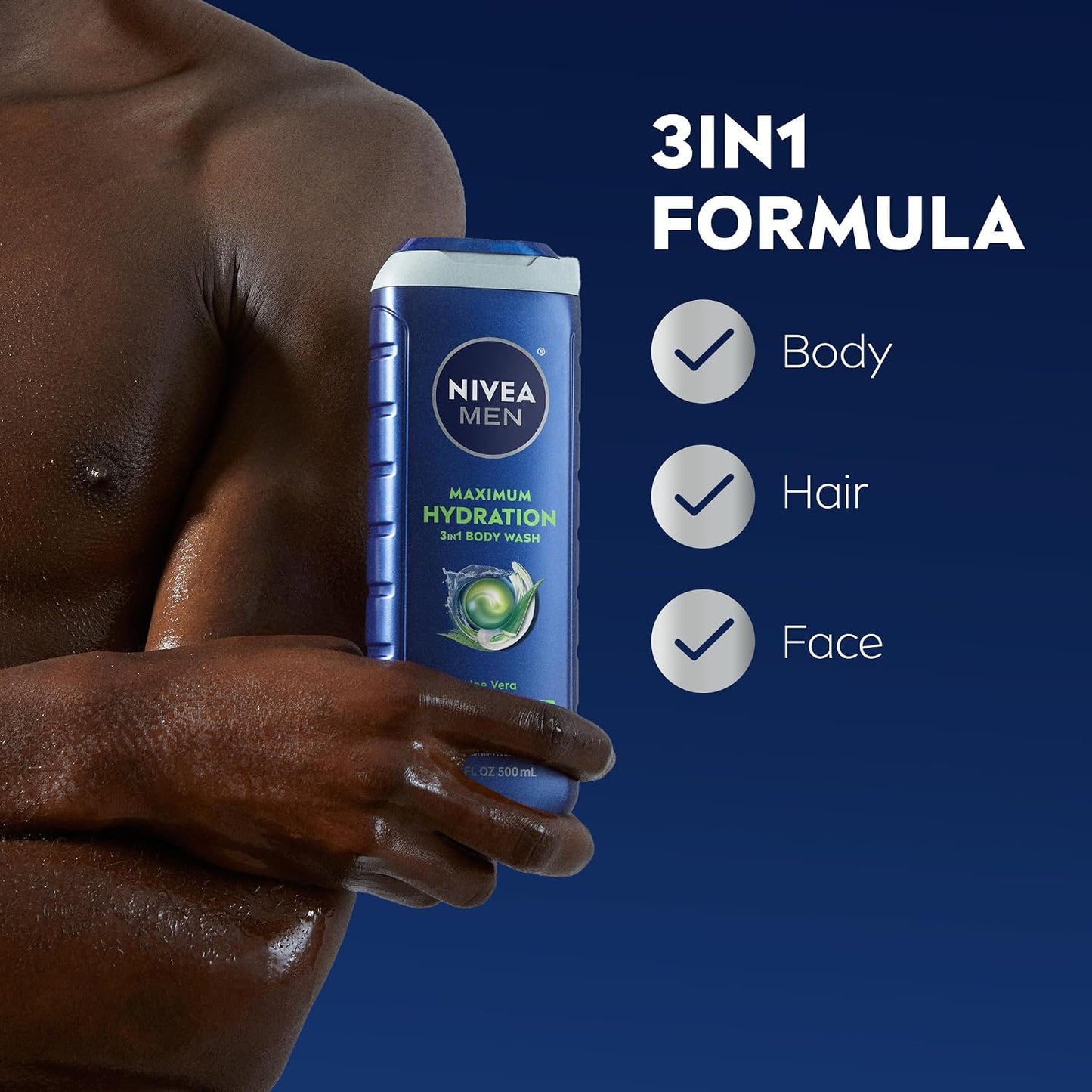 HOTNIVEA MEN Maximum Hydration Body Wash for Dry Skin, Aloe Vera Enriched, 3-in-1 Moisturizing Body Wash, Face and Hair, Paraben Free, Vegan Formula, 16.9 Fl Oz Bottle, Pack of 3