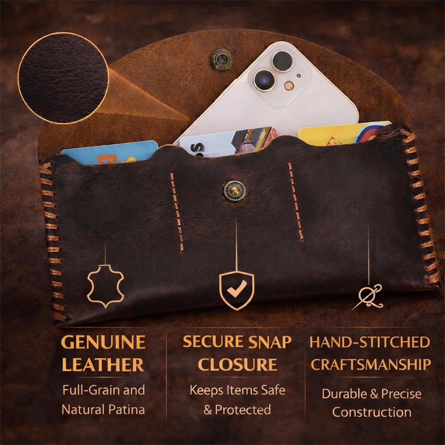 HOTGenuine Leather Currency Pouch Wallet, Slim Travel Money Organizer with 3 Card Slots & Snap Closure, Handmade Cash Holder for Bills & Cards, Money Bag for Men & Women, 8 x 4 in