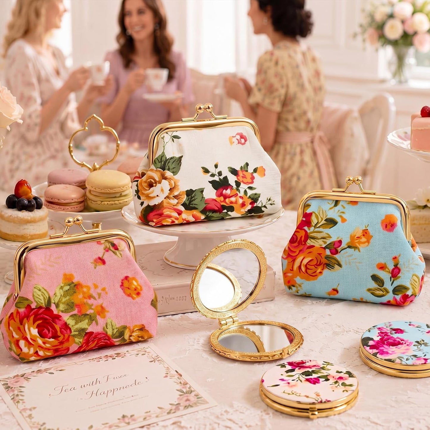 HOT30 Pcs Indian Pooja Return Gifts Bulk Floral Coin Purse Mirror,Gold Edge