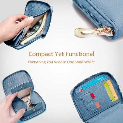 HOTSmall Leather Travel Wallet for Women, RFID Blocking Zip Around | Minimallist Wallet with Coin Purse & Card Slots, Compact Casual Wallet for Women's Travel and Gift Box Ready (Navy Blue)