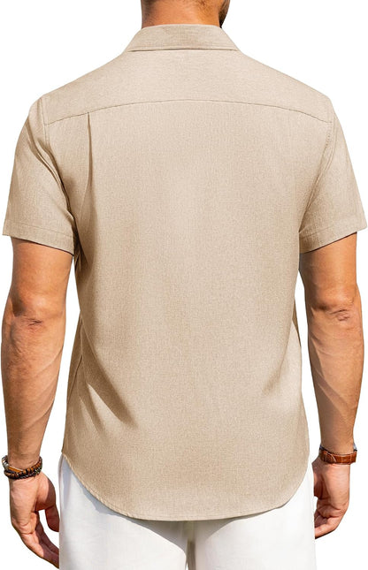 HOTAlimens & Gentle Mens Linen Shirts Short Sleeve Button Down Shirts Wrinkle Free Casual Vacation Beach Summer Tops