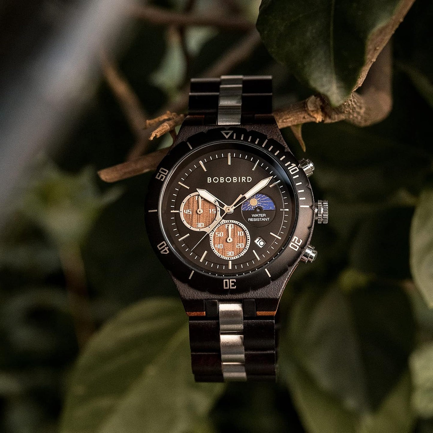 HOTBOBO BIRD Mens Quartz Wooden Watches Stainless Steel Red Sandalwood Alloy Wood Watch for Male Classic Function Wristwatch Chronograph Luminous Hands Day and Night Date Display