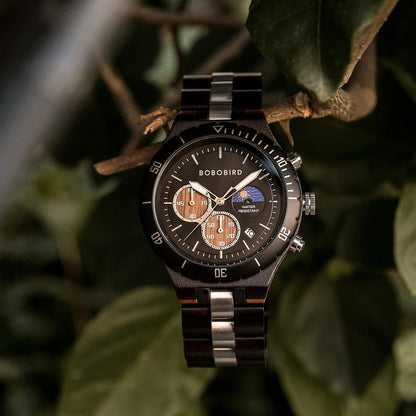 HOTBOBO BIRD Mens Quartz Wooden Watches Stainless Steel Red Sandalwood Alloy Wood Watch for Male Classic Function Wristwatch Chronograph Luminous Hands Day and Night Date Display