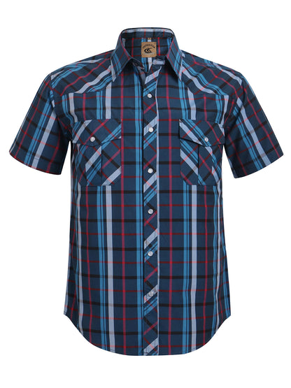 HOTCOEVALS CLUB Men's Western Cowboy Short Sleeve Pearl Snap Casual Plaid Work Shirts
