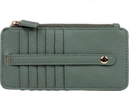 HOTJulia Buxton Vegan Leather Thin Card Case for Women with RFID Blocking, Compact Wallet with 6 Card Slots, ID Window & Zipper Pocket, Ideal Gift, Classic Sage
