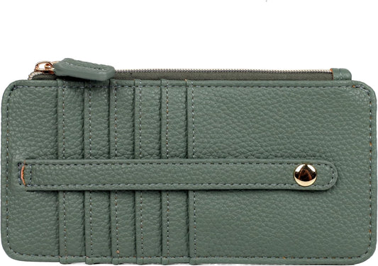 HOTJulia Buxton Vegan Leather Thin Card Case for Women with RFID Blocking, Compact Wallet with 6 Card Slots, ID Window & Zipper Pocket, Ideal Gift, Classic Sage