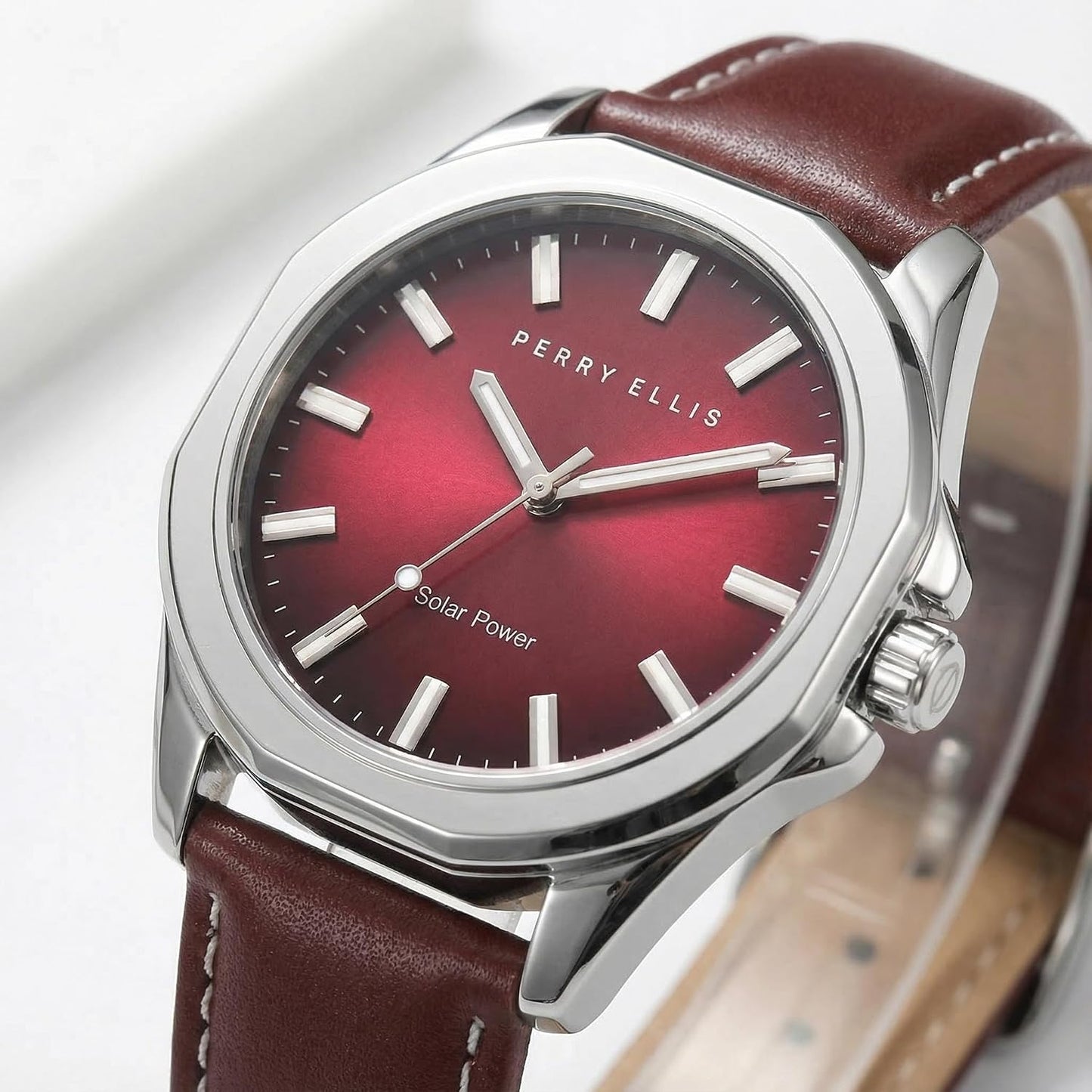 HOTPerry Ellis Solar Powered Mens Watch | Vegan Leather Water-Resistant Analog Wrist Watches for Men | 42mm Case | Relojes para Hombres | Elegant Gift for Man