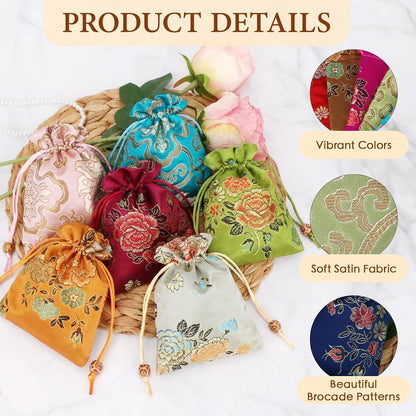 HOTkilofly 14 pc Silk Brocade Jewelry Bag Double Layer Drawstring Coin Gift Pouch