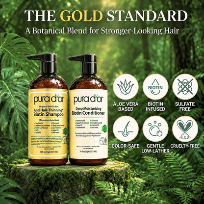 HOTPURA D'OR Anti-Thinning Biotin Shampoo & Hair Regrowth Conditioner, CLINICALLY TESTED Effective Results, Thickening Herbal Blend For Women & Men, Original Gold Label Set, Natural Earthy Scent, 16oz x2
