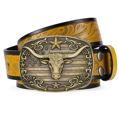 HOTSANSTHS Western Cowboy Belts for Men Women, Mens Western Belt Bull Buckle Country Belt Cowboy Leather Belt for Jeans